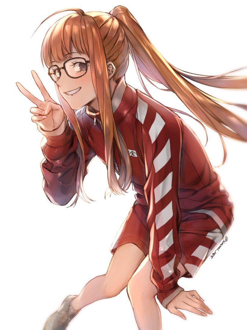 1girl, ahoge, black_eyes, commentary_request, grin, gym_uniform, jacket, long_hair, long_sleeves, looking_at_viewer, orange_hair, persona, persona_5, ponytail, red_jacket, red_shorts, sakura_futaba, shoes, shorts, sidelocks, simple_background, smile, sneakers, solo, sonomi, track_jacket, v, very_long_hair, white_background, zipper, zipper_pull_tab
