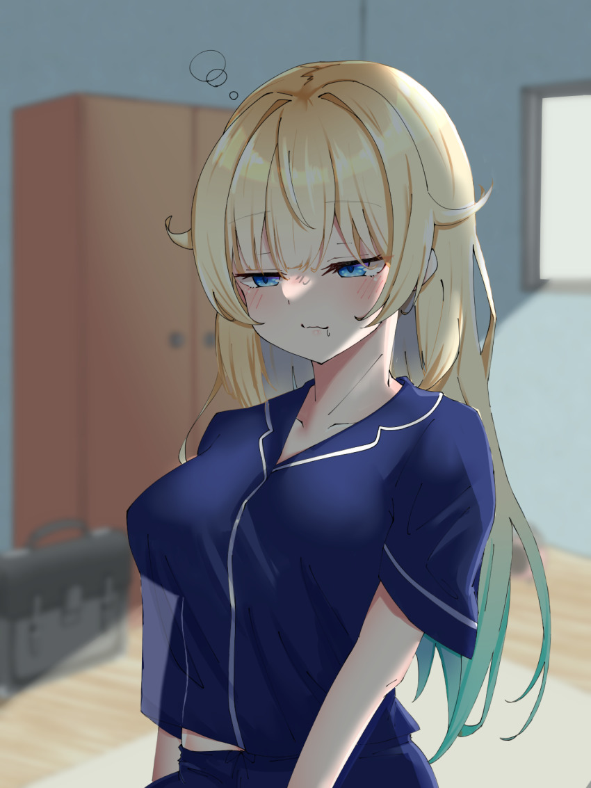 1girl, aizawa_ema, bed, blonde_hair, blue_eyes, blue_hair, blue_pants, blue_shirt