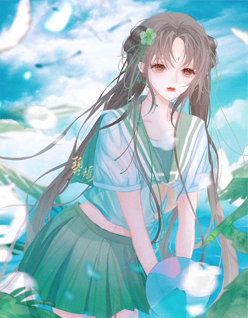 1girl, absurdres, ball, beachball, bi_yao_(zhu_xian), blue_sky, bow, brown_hair