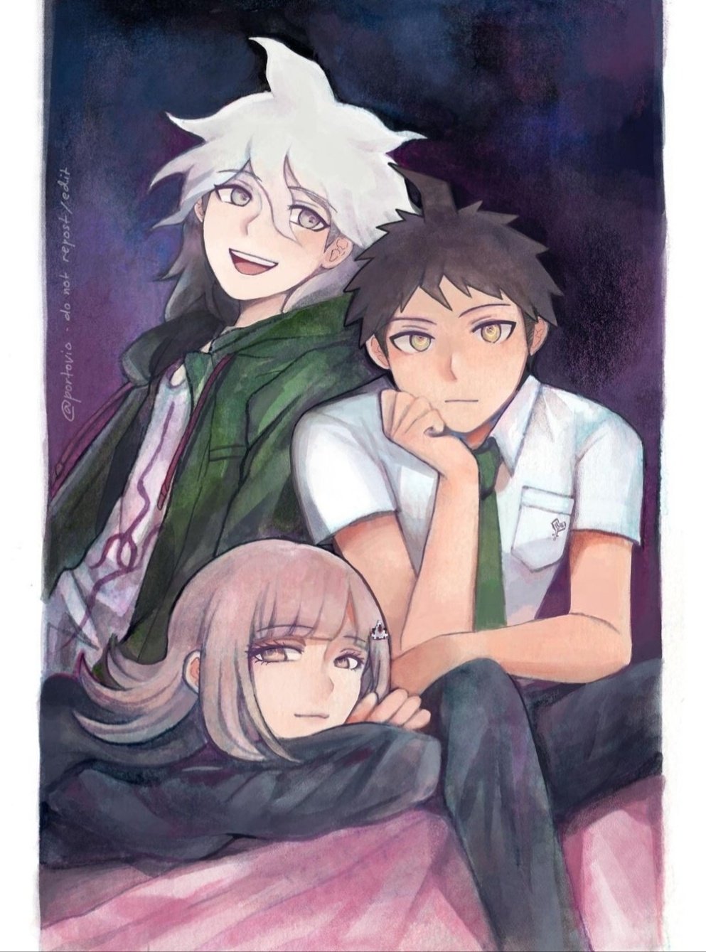 1girl, 2boys, :d, badge, black_background, black_jacket, black_pants, border