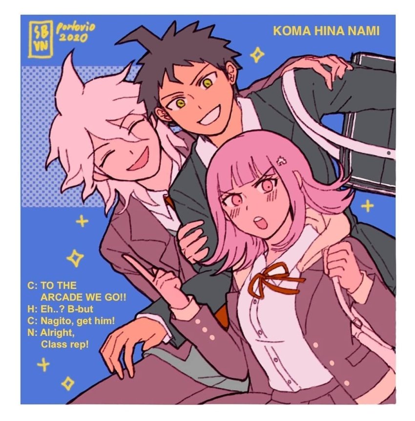 1girl, 2020, 2boys, :d, :o, artist_name, backpack, bag