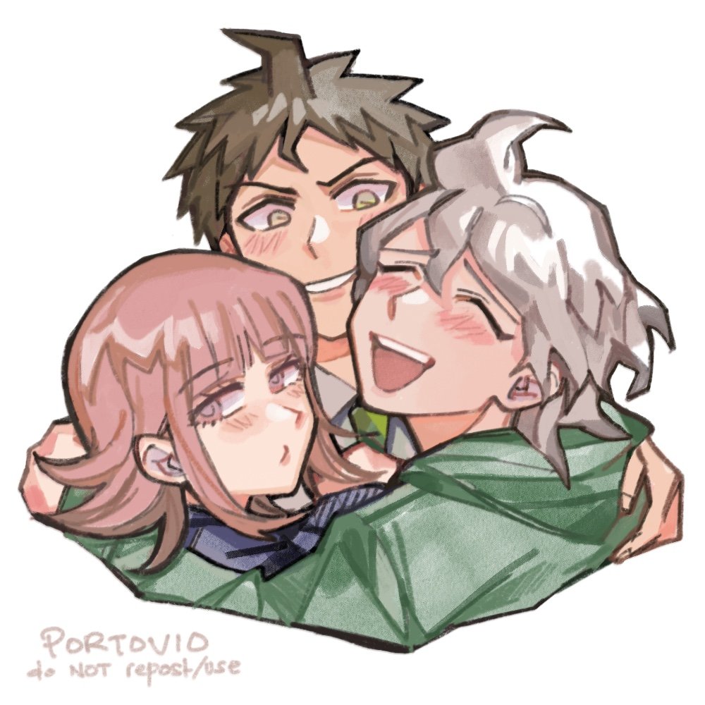 1girl, 2boys, :d, ahoge, blunt_bangs, blush, brown_eyes, closed_eyes