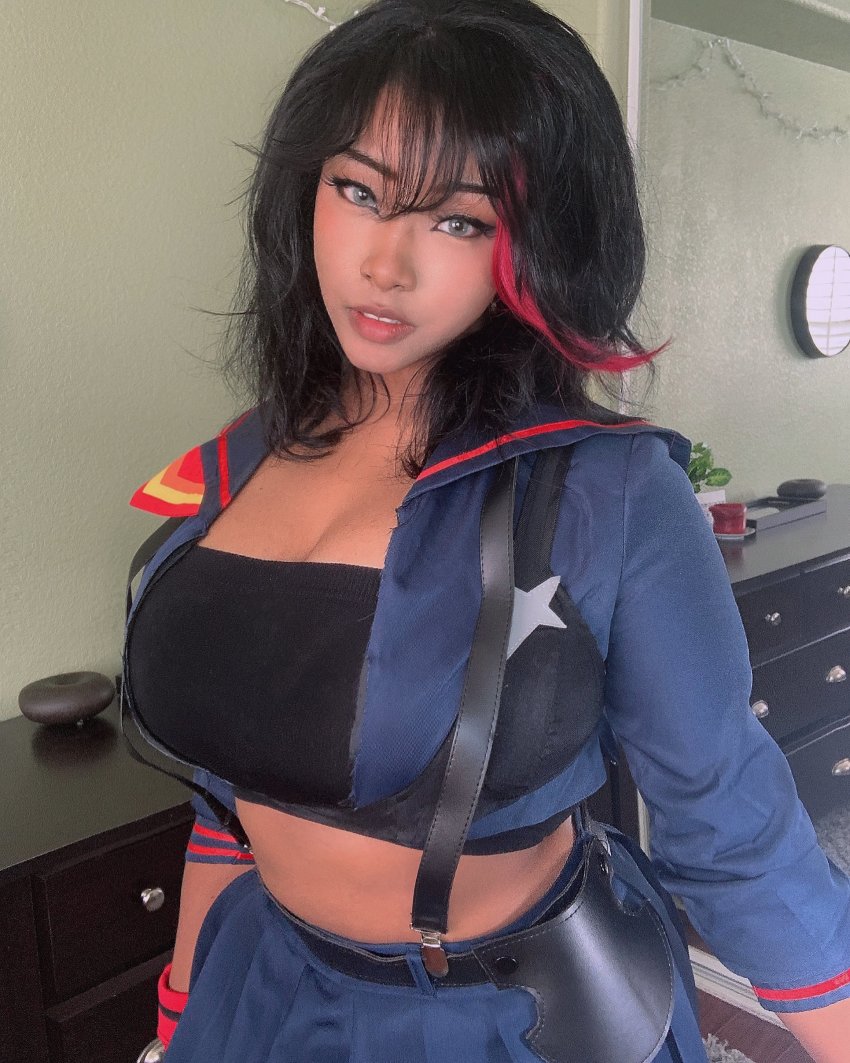 1girl, absurdres, black_hair, blue_eyes, breasts, cosplay, hat, highres