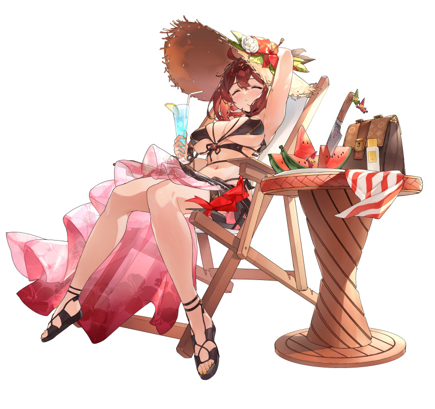 1girl, absurdres, ahoge, bag, bikini, breasts, brown_hair, closed_eyes, crossed_bangs, cup, expressionless, food, fruit, full_body, guardian_tales, hat, highres, holding, holding_cup, large_breasts, medium_hair, navel, official_alternate_costume, official_art, sleeveless, solo, straw_hat, summer_innkeeper_loraine, swimsuit, transparent_background, watermelon