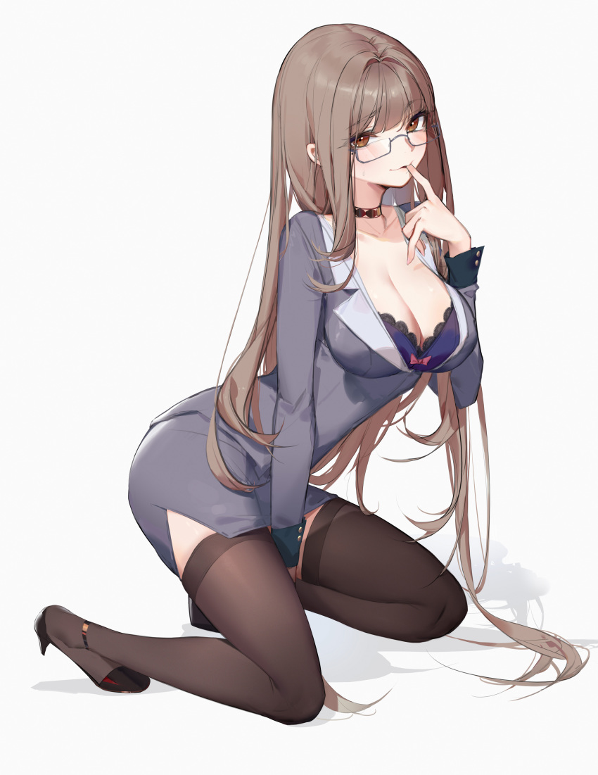1girl, absurdres, ass, belt_collar, black_thighhighs, bra, breasts, brown_eyes