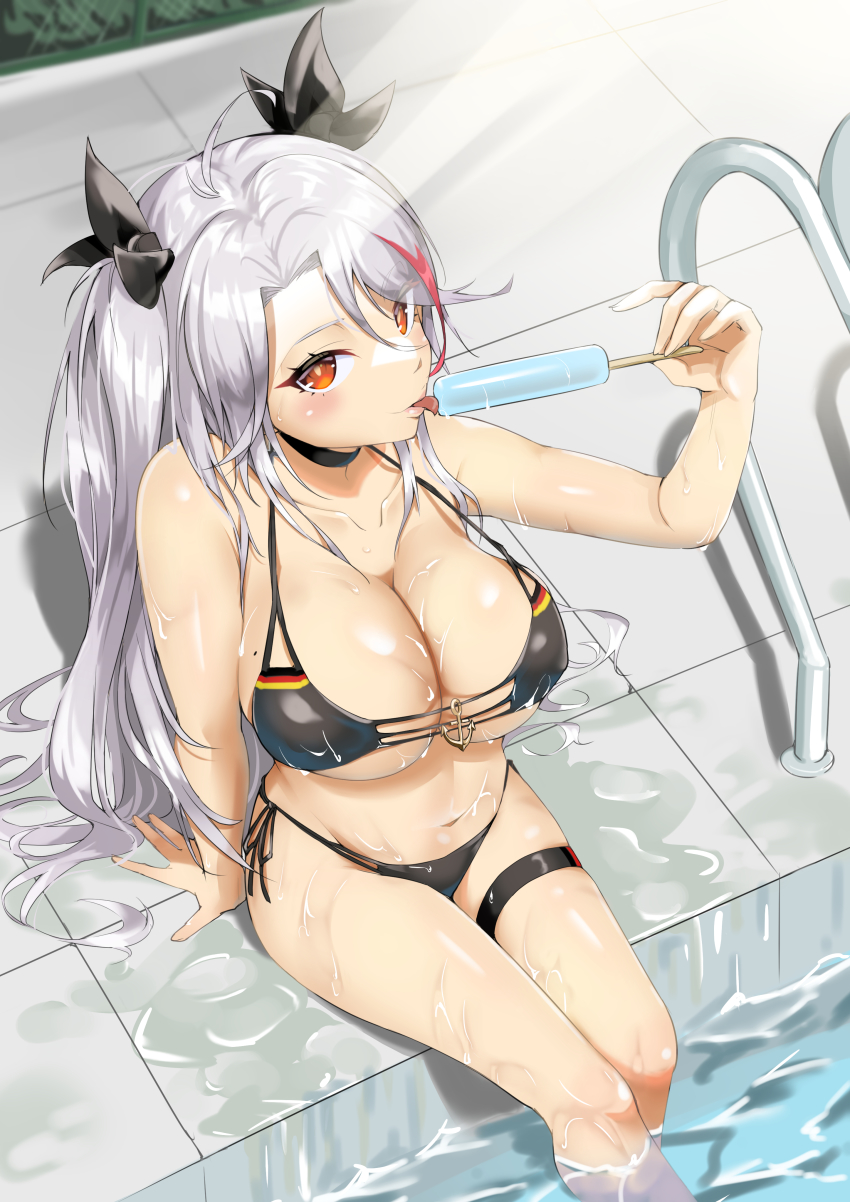 1girl, :p, absurdres, azur_lane, bare_arms, bare_shoulders, bikini, black_bikini
