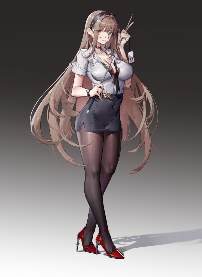 1girl, absurdres, belt, black_pantyhose, blouse, bra, breasts, brown_eyes, brown_hair, earrings, glasses, hairband, high_heels, highres, holding, holding_whip, jewelry, lekou, long_hair, looking_at_viewer, office_lady, open_clothes, open_mouth, original, pantyhose, ribbon, shadow, shirt, simple_background, skirt, smile, solo, standing, teacher, underwear, very_long_hair, watch, whip