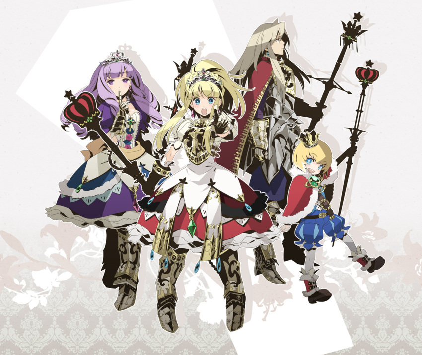 2boys, 2girls, armor, armored_dress, atlus, blonde_hair, blue_eyes, crown, dress, etrian_odyssey, finger_to_mouth, gauntlets, greaves, grey_hair, makita, multiple_boys, multiple_girls, pointing, prince_(sekaiju), princess, princess_(sekaiju), purple_eyes, purple_hair, scepter, sekaiju_no_meikyuu, sekaiju_no_meikyuu_3, sovereign_(sekaiju), sovereign_1_(sekaiju), sovereign_2_(sekaiju), sovereign_3_(sekaiju), sovereign_4_(sekaiju), tiara