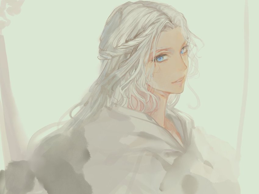 1girl, blue_eyes, braid, final_fantasy, final_fantasy_xiv, from_side, grey_hair, half_up_braid, half_updo, hood, hood_down, koulin_ff14, long_hair, looking_to_the_side, parted_lips, portrait, simple_background, single_braid, smile, solo, square_enix, unfinished, venat_(ff14), wavy_hair, yellow_background