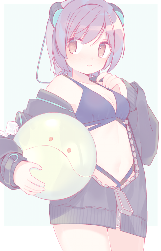 1girl, 2y_(tsuyu), alternate_costume, bikini, black_hoodie, blue_bikini, blush, breasts