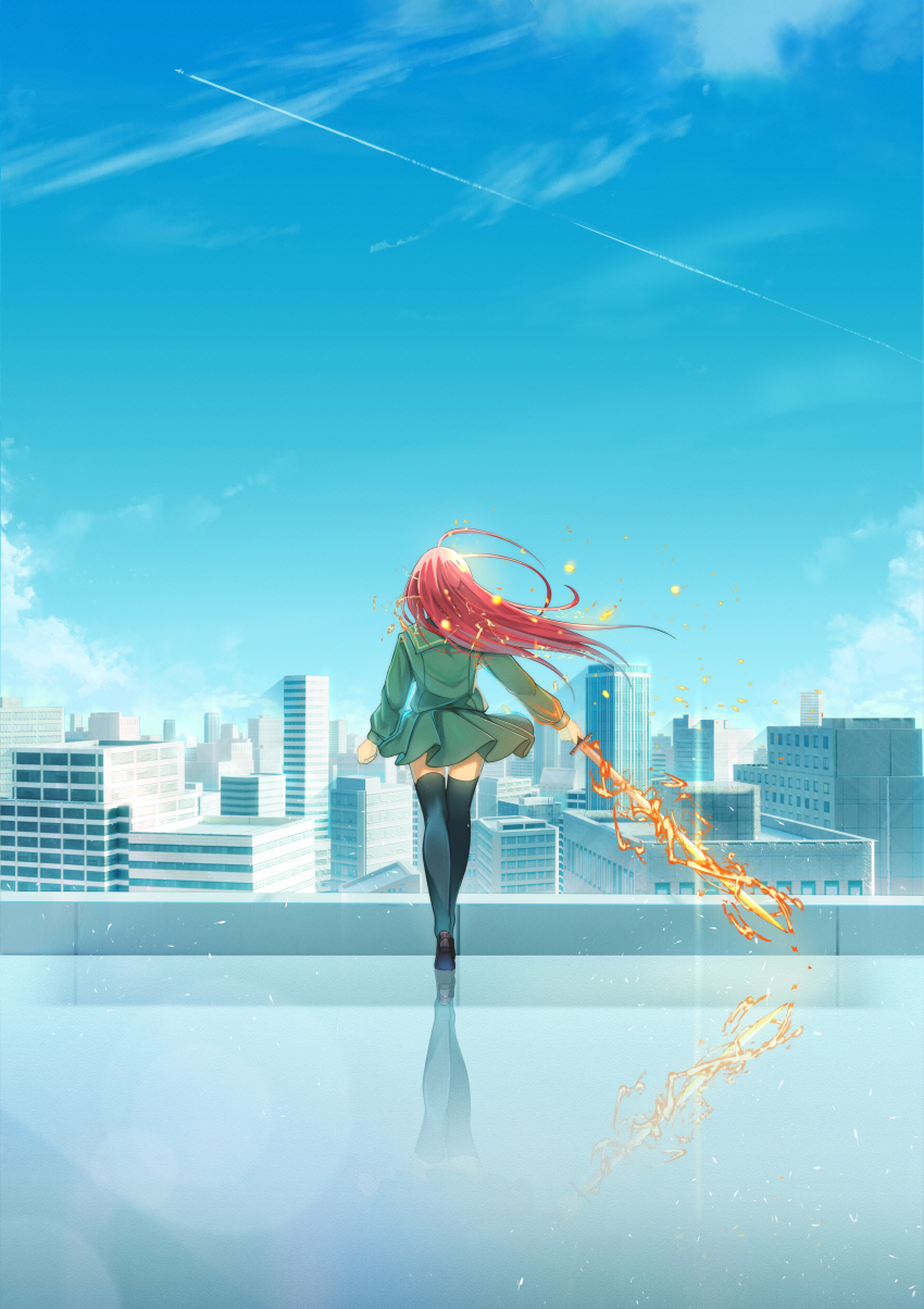 1girl, absurdres, ahoge, black_thighhighs, blue_sky, building, city, cityscape, fire, from_behind, green_sailor_collar, green_serafuku, green_skirt, harina_taku, highres, holding, holding_sword, holding_weapon, long_hair, long_sleeves, misaki_high_school_uniform, outdoors, red_hair, reflection, reflective_floor, rooftop, sailor_collar, scenery, school_uniform, serafuku, shakugan_no_shana, shana, skirt, sky, skyscraper, solo, sword, thighhighs, walking, weapon, zettai_ryouiki