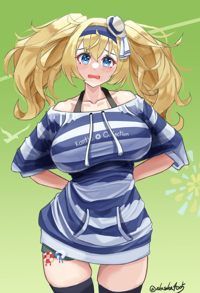 1girl, abyssal_ship, alternate_costume, black_thighhighs, blonde_hair, blue_eyes, blue_hairband, breasts