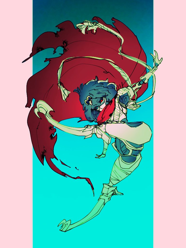 1girl, abyuramu_yukidaruma, android, apex_legends, ash_(titanfall_2), ass, black_sclera, blue_background, blue_eyes, cape, colored_sclera, falling, from_below, heterochromia, looking_down, mercenary_mystique_ash, pillarboxed, red_cape, red_eyes, science_fiction, simulacrum_(titanfall), sketch, solo