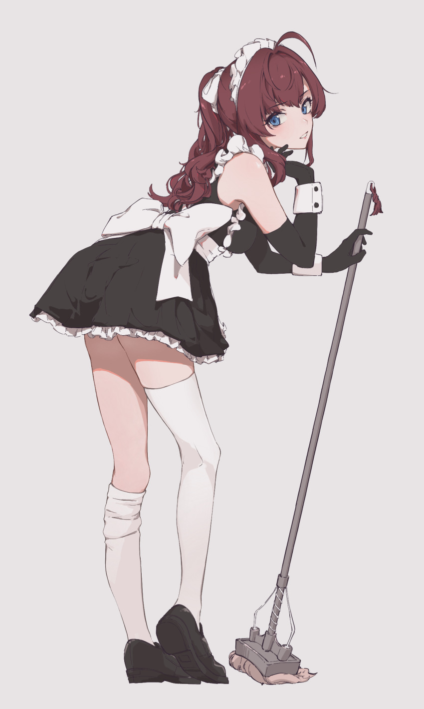1girl, alternate_costume, bare_shoulders, black_gloves, blue_eyes, blush, breasts, brown_hair, elbow_gloves, enmaided, gloves, grin, highres, hodoyoi, ichinose_shiki, idolmaster, idolmaster_cinderella_girls, long_hair, looking_at_viewer, maid, maid_headdress, mop, sleeveless, smile, solo, thighhighs, white_background, white_thighhighs