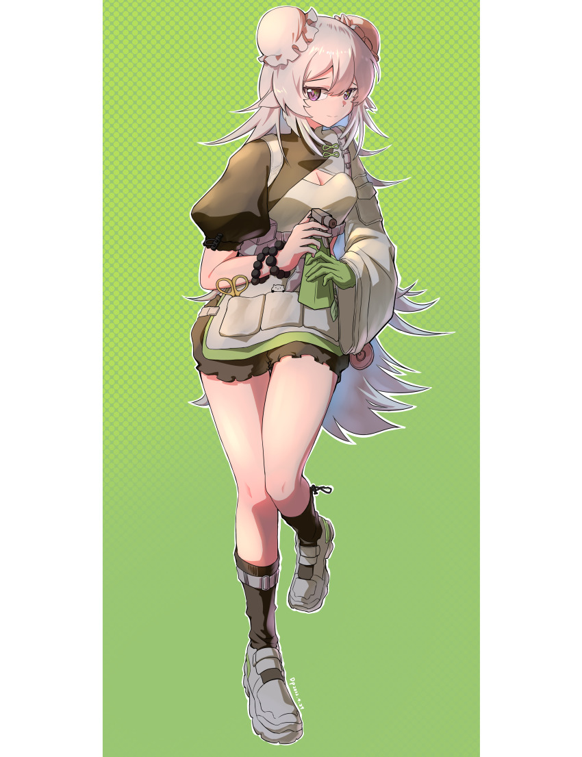 1girl, absurdres, arknights, asymmetrical_sleeves, bead_bracelet, beads, black_dress, black_socks