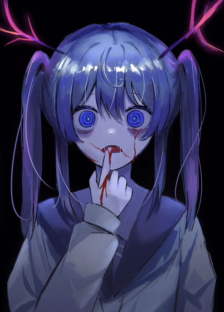 1girl, @_@, absurdres, antlers, bags_under_eyes, blood, blood_from_mouth, blood_on_face, blood_on_hands, bloody_tears, blue_eyes, blue_hair, fangs, finger_in_own_mouth, highres, horns, kkamkkam, long_hair, long_sleeves, looking_at_viewer, open_mouth, original, ringed_eyes, school_uniform, serafuku, sharp_teeth, solo, teeth, twintails