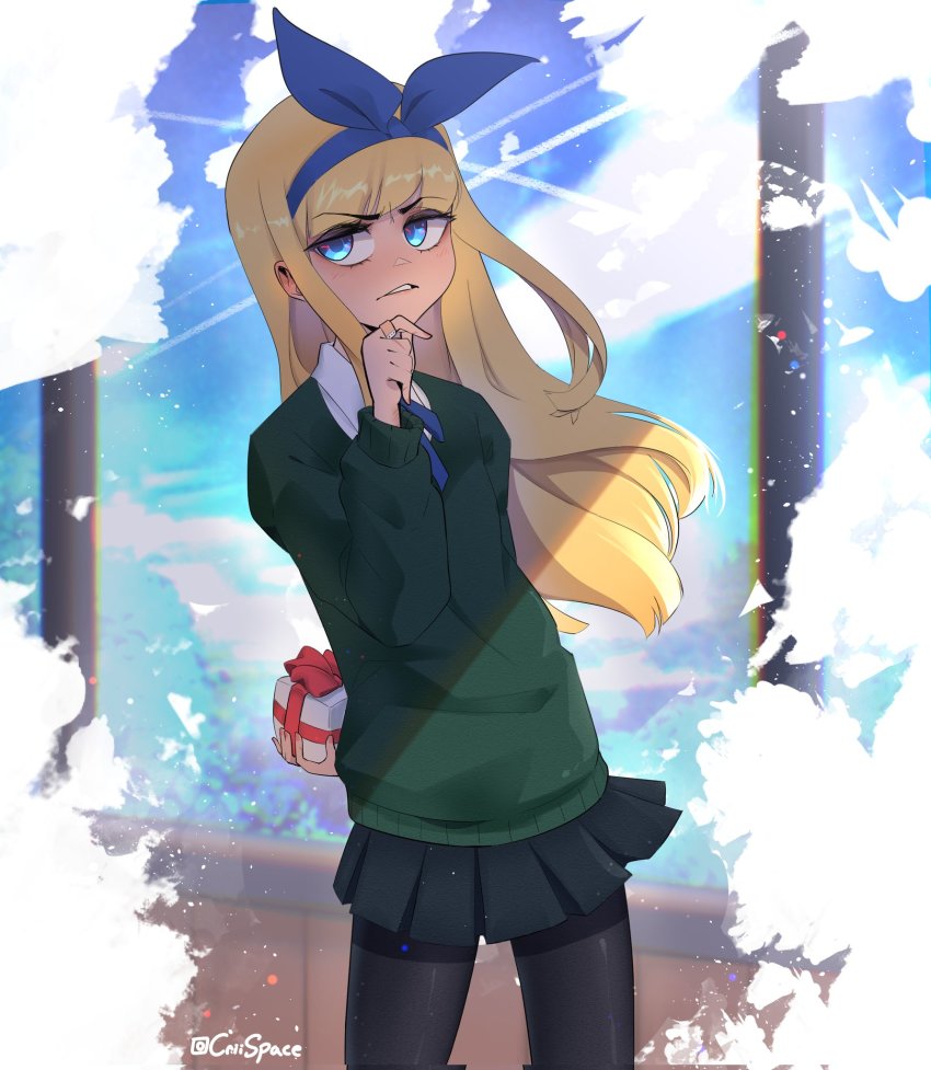 1girl, black_pantyhose, erika_(popopoka), blonde_hair, blue_bow, blue_bowtie, blue_eyes, blue_hairband, borrowed_character, bow, bowtie, box, cowboy_shot, criispace, day, gift, gift_box, green_sweater, hairband, hand_up, highres, holding, holding_gift, jewelry, long_hair, long_sleeves, looking_at_viewer, miniskirt, original, outdoors, pantyhose, pleated_skirt, ring, shiny_clothes, skirt, solo, sweater, tsundere