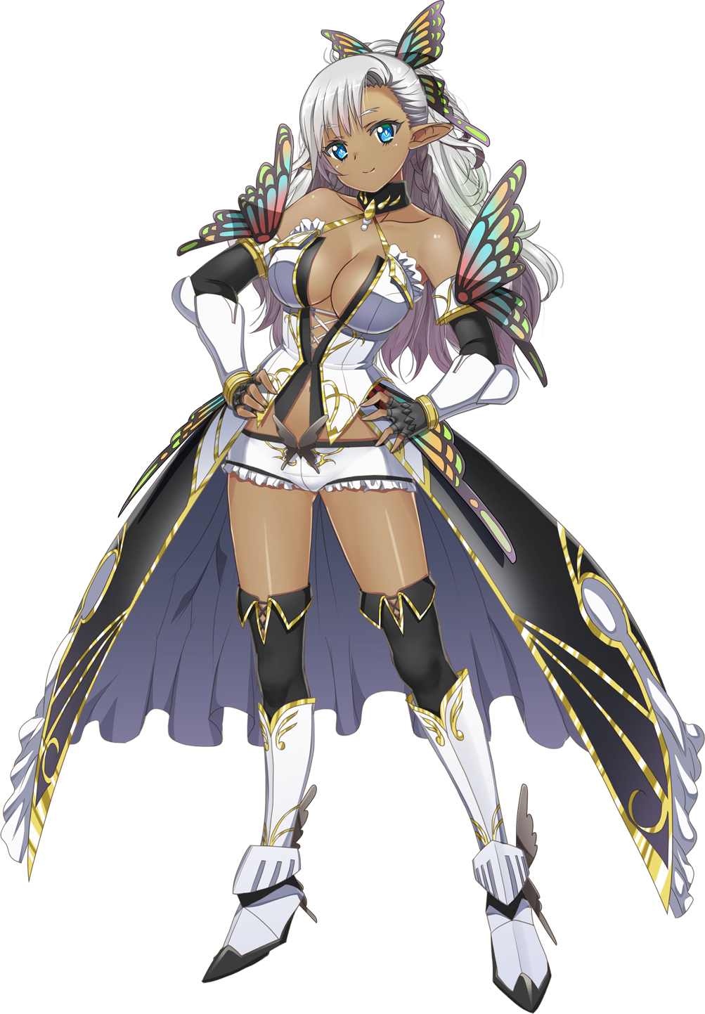 1girl, artwhirl_mahou_gakuen_no_otome-tachi, asymmetrical_bangs, black_choker, black_gloves, blue_eyes, breasts, butterfly_hair_ornament, choker, cleavage, closed_mouth, collarbone, contrapposto, dark-skinned_female, dark_elf, dark_skin, dee_(artwhirl), detached_sleeves, elf, fingerless_gloves, frilled_shorts, frills, full_body, gloves, hair_ornament, head_tilt, high_ponytail, highres, kimura_kitaka, large_breasts, long_hair, long_sleeves, micro_shorts, midriff, pointy_ears, ponytail, shorts, smile, solo, standing, stomach, thighhighs, transparent_background, very_long_hair, white_footwear, white_hair, white_shorts