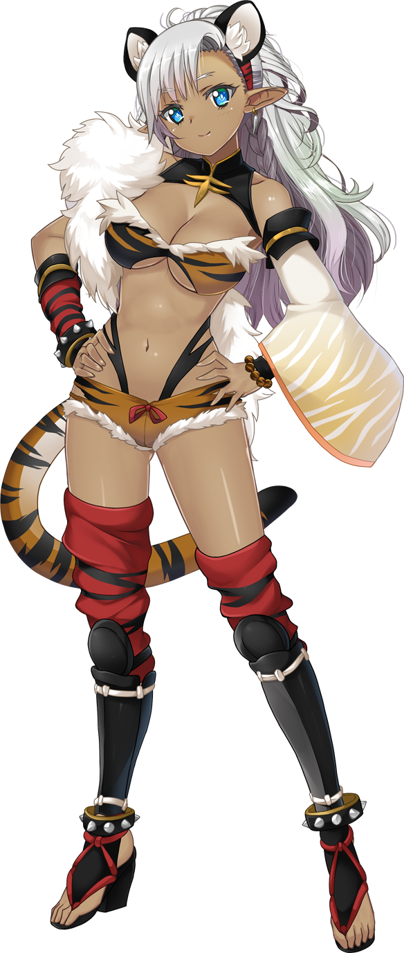 1girl, animal_ear_fluff, animal_ears, artwhirl_mahou_gakuen_no_otome-tachi, asymmetrical_sleeves, blue_eyes, bra, bracelet, braid, breasts, brown_shorts, cleavage, closed_mouth, contrapposto, dark-skinned_female, dark_elf, dark_skin, dee_(artwhirl), detached_sleeves, elf, full_body, fur-trimmed_shorts, fur_trim, hands_on_own_hips, head_tilt, highleg, highleg_panties, highres, jewelry, kimura_kitaka, large_breasts, long_hair, long_sleeves, micro_shorts, panties, pointy_ears, shiny_skin, shorts, smile, solo, spiked_bracelet, spikes, strapless, strapless_bra, tail, thighhighs, transparent_background, underboob, underwear, very_long_hair, white_hair, wide_sleeves