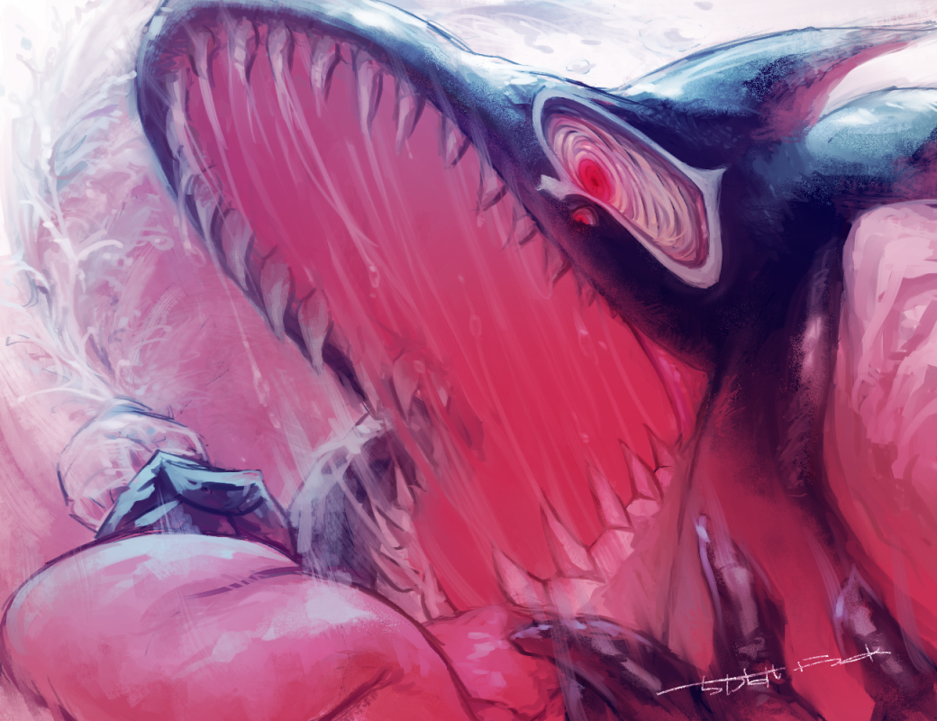 chikasui_ume, looking_at_viewer, open_mouth, orca, oumagadoki_doubutsuen, red_eyes, sakamata_(oumagadoki_doubutsuen), sharp_teeth, solo, teeth, tongue, tongue_out