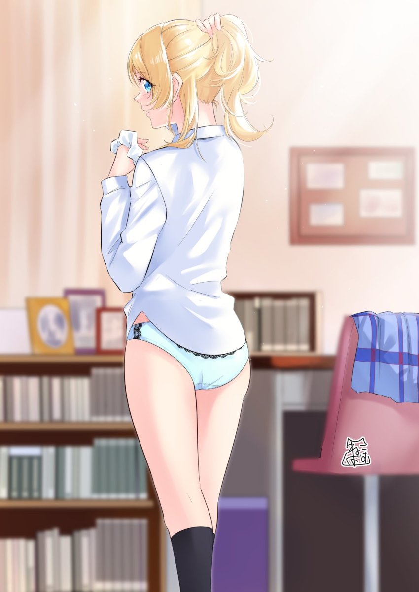 1girl, akira_miku_ver, aqua_panties, ass, ayase_eli, black_socks, blonde_hair, blue_eyes