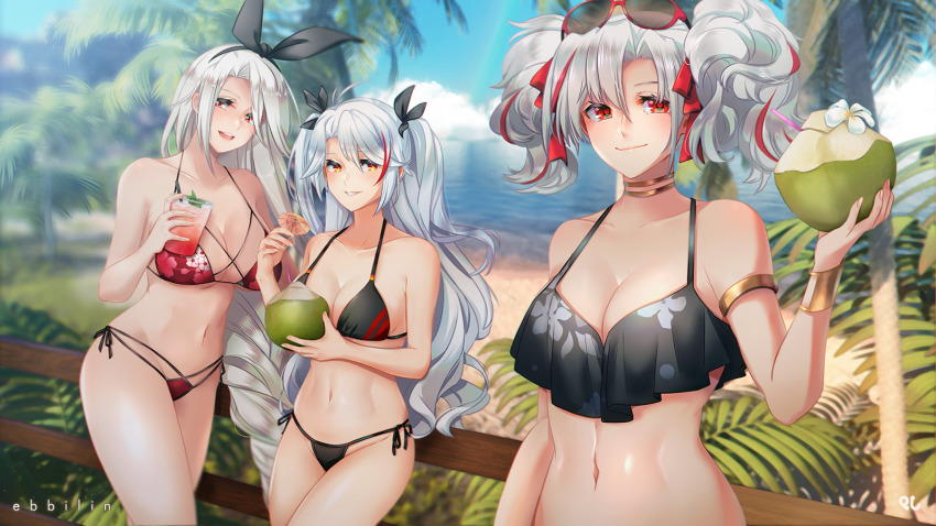 3girls, alternate_costume, armlet, azur_lane, beach, bikini, choker, cloud