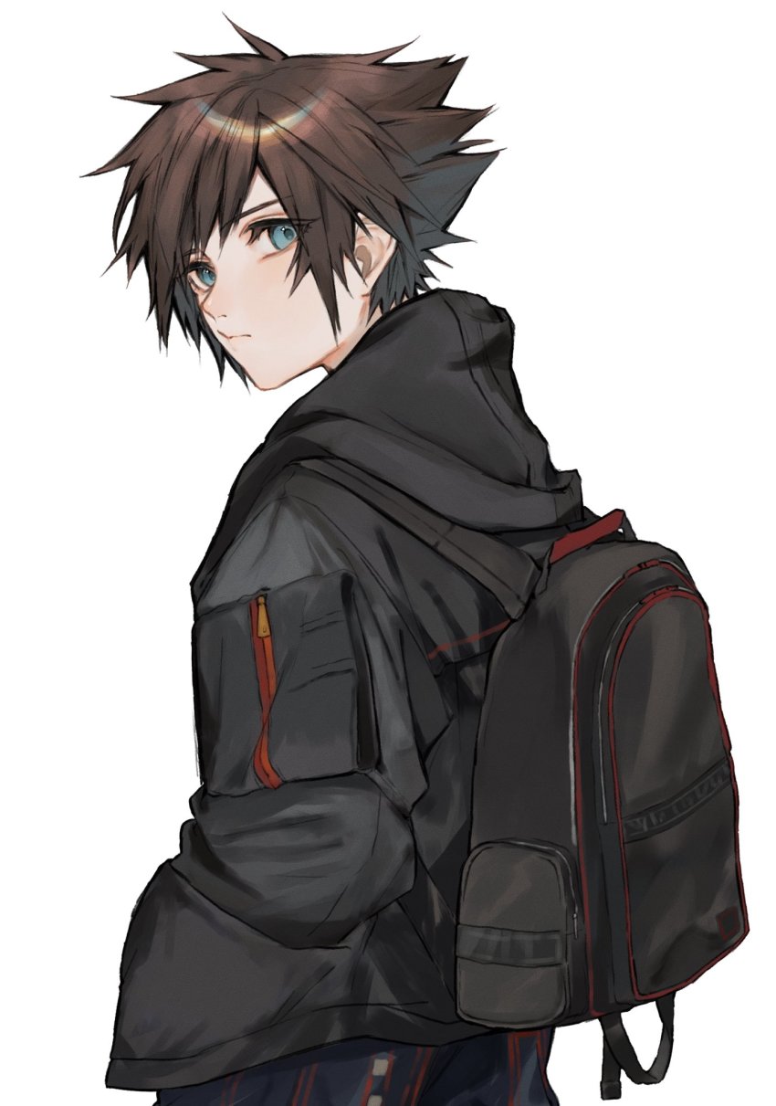 1boy, alternate_costume, backpack, bag, black_jacket, blue_eyes, brown_hair, casual
