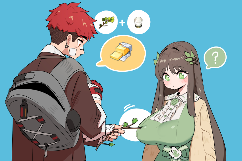 1boy, 1girl, ?, backpack, bag, bandages, bandaid, bandaid_on_face, black_survival, blush, breasts, brown_hair, butter, dress, eternal_return:_black_survival, food, gameplay_mechanics, green_eyes, gweon_sua, hair_ornament, highres, huge_breasts, hyunwoo_(black_survival), leaf_hair_ornament, long_hair, milk, poking, poking_another's_breast, red_hair, short_hair, speech_bubble, stick, thought_bubble, two-tone_dress, yabby