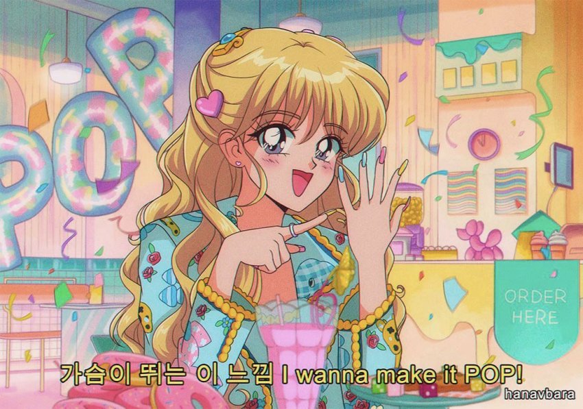1990s_(style), animification, balloon_animal, blonde_hair, blue_eyes, blue_jacket, confetti, english_text, hair_behind_ear, hair_ornament, hanavbara, heart, heart_hair_ornament, jacket, k-pop, korean_text, long_hair, looking_at_viewer, lyrics, nayeon_(twice), open_hand, pointing, real_life, retro_artstyle, smile, streamers, subtitled, translation_request, twice_(group)