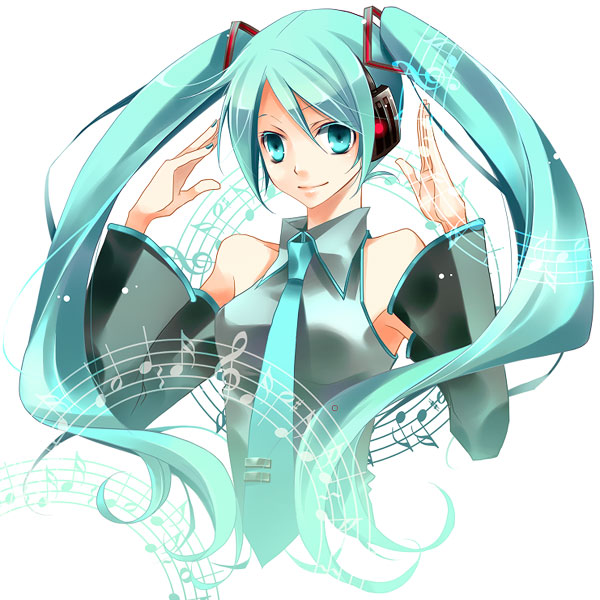 1girl, aqua_eyes, aqua_hair, bad_id, bad_pixiv_id, detached_sleeves, female_focus, hatsune_miku, headphones, headset, huyucotton, long_hair, musical_note, necktie, smile, solo, twintails, vocaloid, white_background