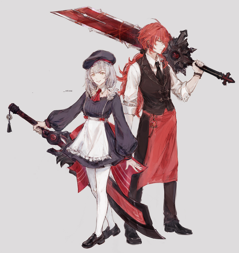 1boy, 1girl, ahoge, alternate_costume, apron, black_footwear, black_headwear, black_necktie