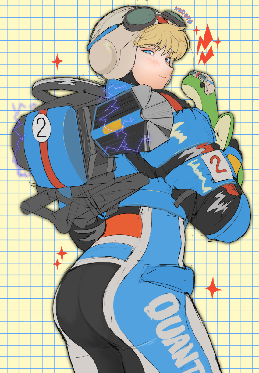 1girl, absurdres, animification, apex_legends, ass, blonde_hair, blue_bodysuit, blue_eyes, bodysuit, electricity, eyeshadow, from_behind, goggles, goggles_on_headwear, half-closed_eyes, helmet, highres, holding, holding_stuffed_toy, kagaya_(oshiriudon), lightning_bolt_symbol, looking_at_viewer, makeup, nessie_(respawn), official_alternate_costume, pink_eyeshadow, solo, sparkle, stuffed_toy, wattson_(apex_legends), wired_for_speed_wattson