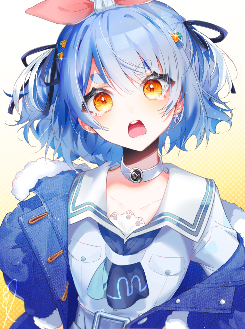 1girl, absurdres, animal_ears, black_ribbon, blue_hair, blue_jacket, blue_neckerchief, blush
