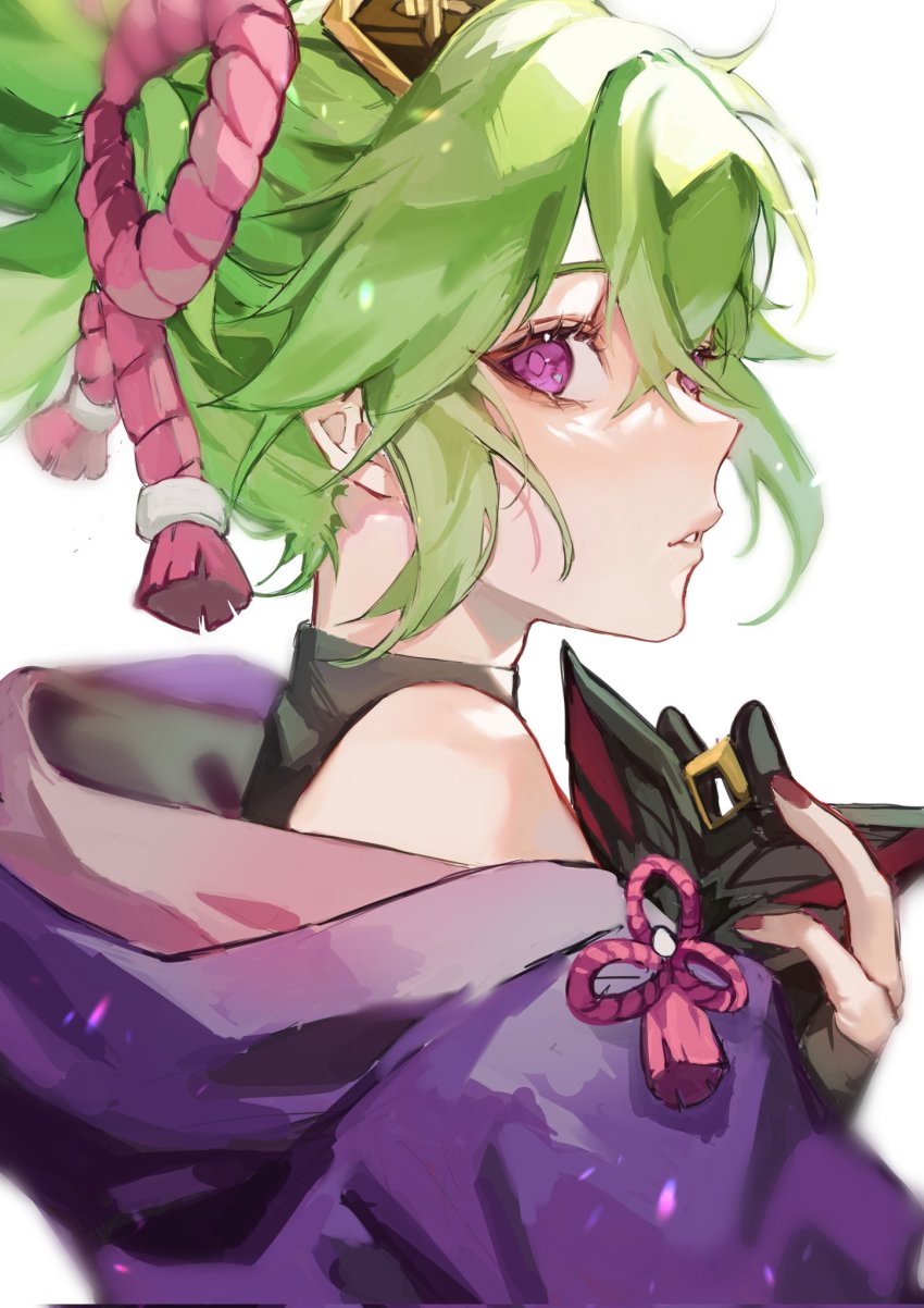 1girl, eyelashes, genshin_impact, green_hair, hair_between_eyes, hair_ornament, highres, jacket, kuki_shinobu, looking_at_viewer, mask, unworn_mask, mayu_mey, parted_lips, ponytail, purple_eyes, purple_jacket, solo