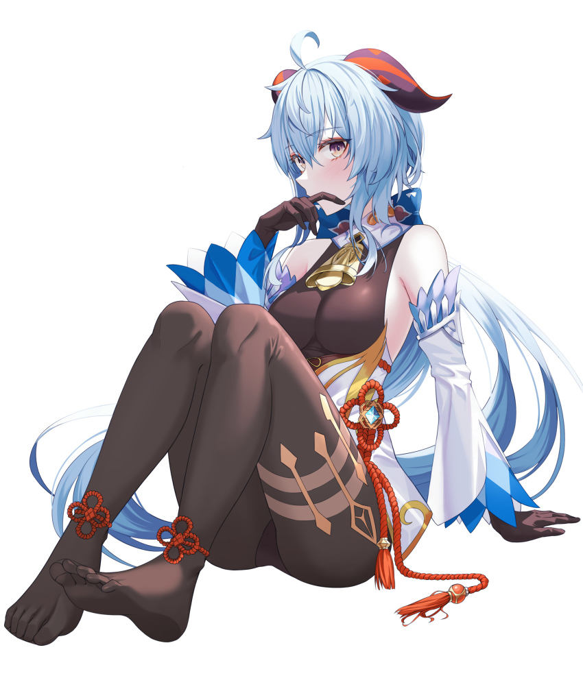 1girl, ahoge, arm_support, bare_shoulders, bell, black_gloves, black_leotard, black_pantyhose, blue_hair, blush, bodystocking, bodysuit, breasts, brown_pantyhose, chinese_knot, detached_sleeves, feet, flower_knot, full_body, ganyu_(genshin_impact), genshin_impact, gloves, gold_trim, highres, horns, jewelry, knees_up, leotard, leotard_under_clothes, long_hair, looking_at_viewer, medium_breasts, neck_bell, no_shoes, pantyhose, purple_eyes, sidelocks, sitting, soles, solo, tassel, thighlet, thighs, toes, vision_(genshin_impact), white_background, white_sleeves, yt9676
