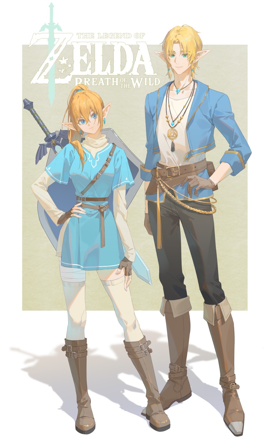 1boy, 1girl, absurdres, aqua_eyes, arm_at_side, bandaged_leg, bandages, belt, belt_boots, between_breasts, black_pants, blonde_hair, blue_dress, blue_eyes, blue_gem, blue_jacket, boots, braid, breasts, brown_footwear, brown_gloves, choker, closed_mouth, copyright_name, cropped_jacket, dress, earrings, fingerless_gloves, full_body, gem, genderswap, genderswap_(ftm), genderswap_(mtf), gloves, hair_between_eyes, hair_over_shoulder, hand_on_own_hip, hand_on_own_thigh, head_tilt, height_difference, high_ponytail, highres, jacket, jewelry, knee_boots, layered_sleeves, lege_bushi_shiwu, legs_apart, link, long_hair, long_sleeves, looking_at_viewer, necklace, nintendo, pants, parted_bangs, pendant, pointy_ears, ponytail, princess_zelda, shadow, shield, shield_on_back, shirt, short_over_long_sleeves, short_sleeves, side_braid, sleeves_rolled_up, smile, standing, strap_between_breasts, sword, sword_on_back, tassel, the_legend_of_zelda, the_legend_of_zelda:_breath_of_the_wild, thighhighs, turtleneck, twin_braids, undershirt, weapon, weapon_on_back, white_background, white_shirt, white_thighhighs, winged_sword, zettai_ryouiki