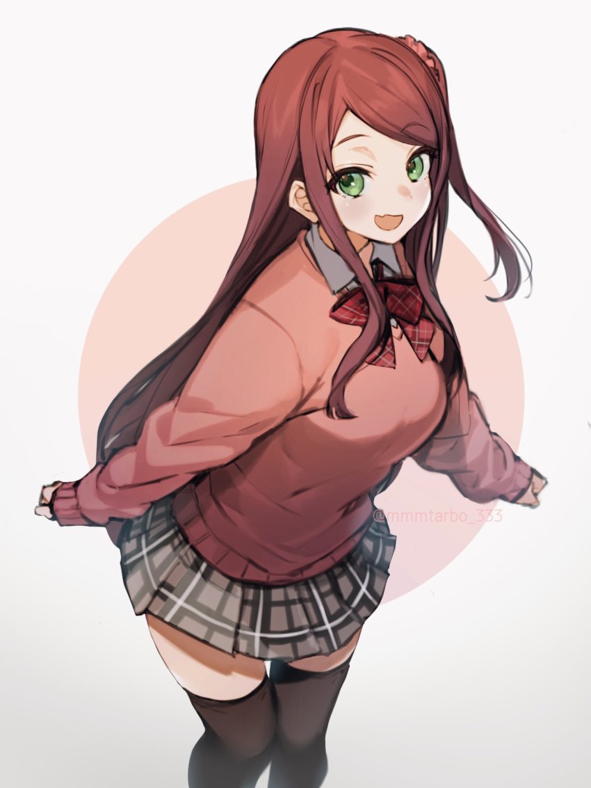 1girl, akabane_youko, akabane_youko_(1st_costume), black_skirt, black_thighhighs, bow, bowtie, breasts