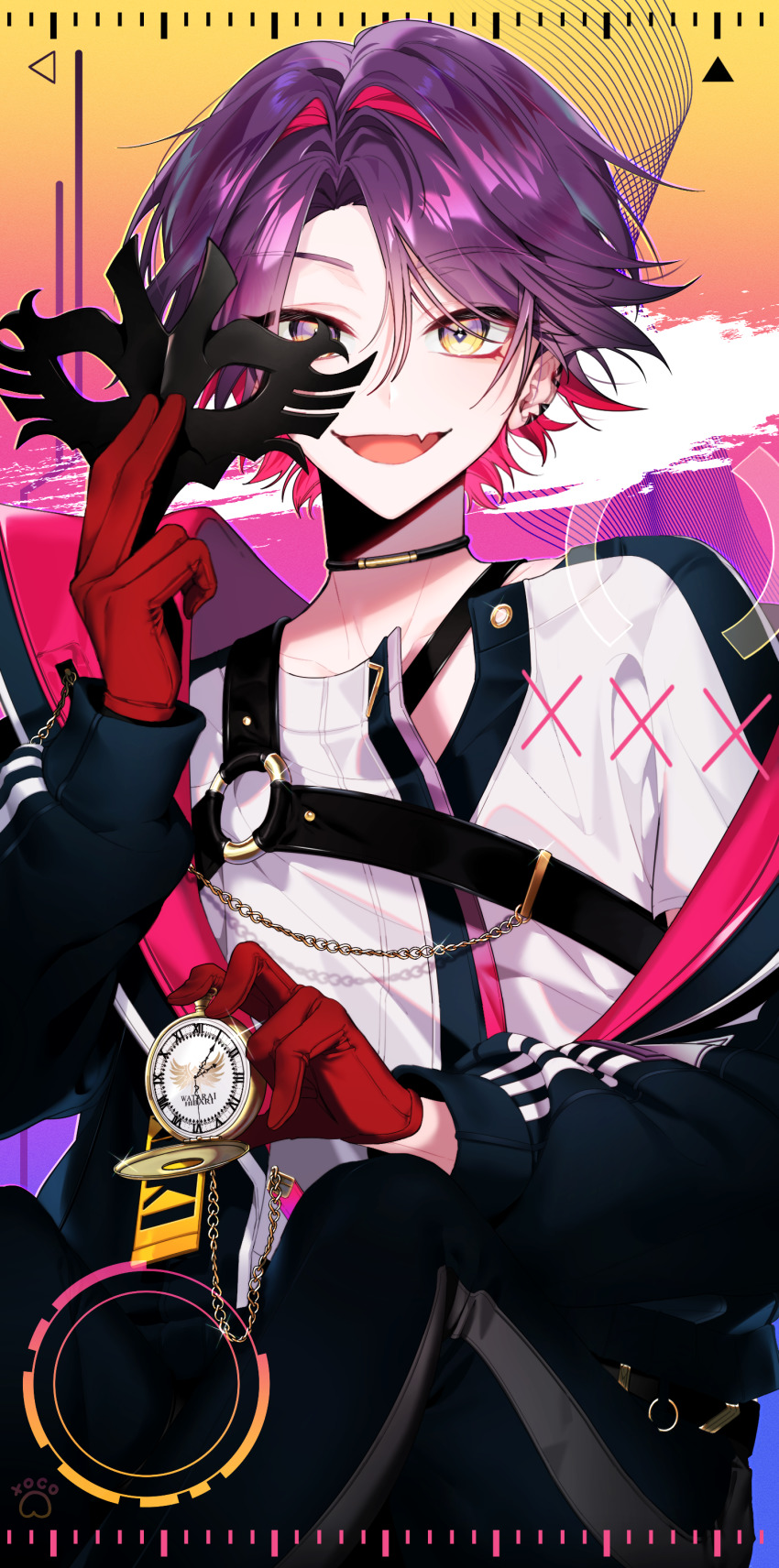 1boy, :d, absurdres, artist_name, black_jacket, chain, chest_harness, choker