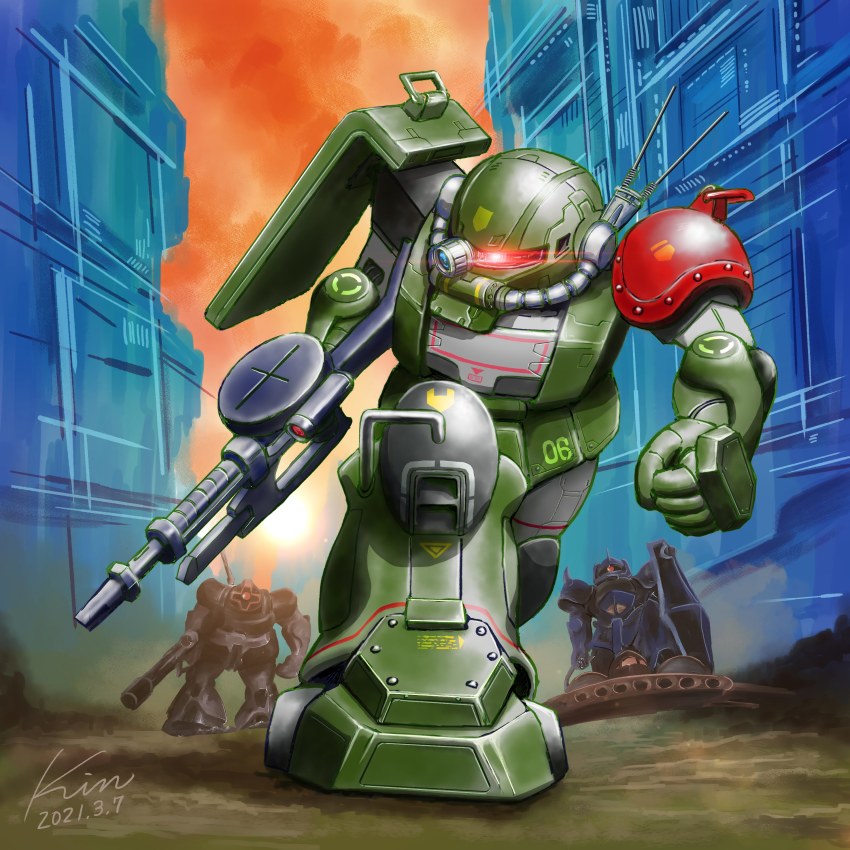 absurdres, clenched_hand, company_connection, crossover, dated, dom_(mobile_suit), fusion, glowing, glowing_eye, gouf, gun, gundam, highres, holding, holding_gun, holding_shield, holding_weapon, kobakin, looking_back, mecha, mobile_suit, mobile_suit_gundam, radio_antenna, red_eyes, robot, science_fiction, scopedog, shield, soukou_kihei_votoms, sunrise_(company), weapon, zaku_ii, zeon