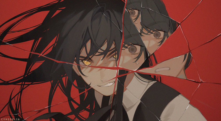 1girl, black_eyes, black_hair, black_ribbon, broken_glass, chainsaw_man, clenched_teeth, collared_shirt, floating_hair, glass, highres, jianli, long_hair, mitaka_asa, multiple_views, neck_ribbon, portrait, red_background, ribbon, ringed_eyes, shirt, simple_background, teeth, white_shirt, yellow_eyes, yoru_(chainsaw_man)