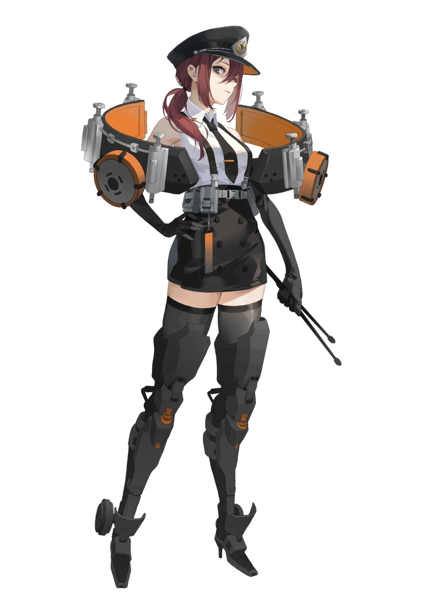 1girl, absurdres, bare_shoulders, black_gloves, black_hat, black_necktie, black_skirt, black_thighhighs