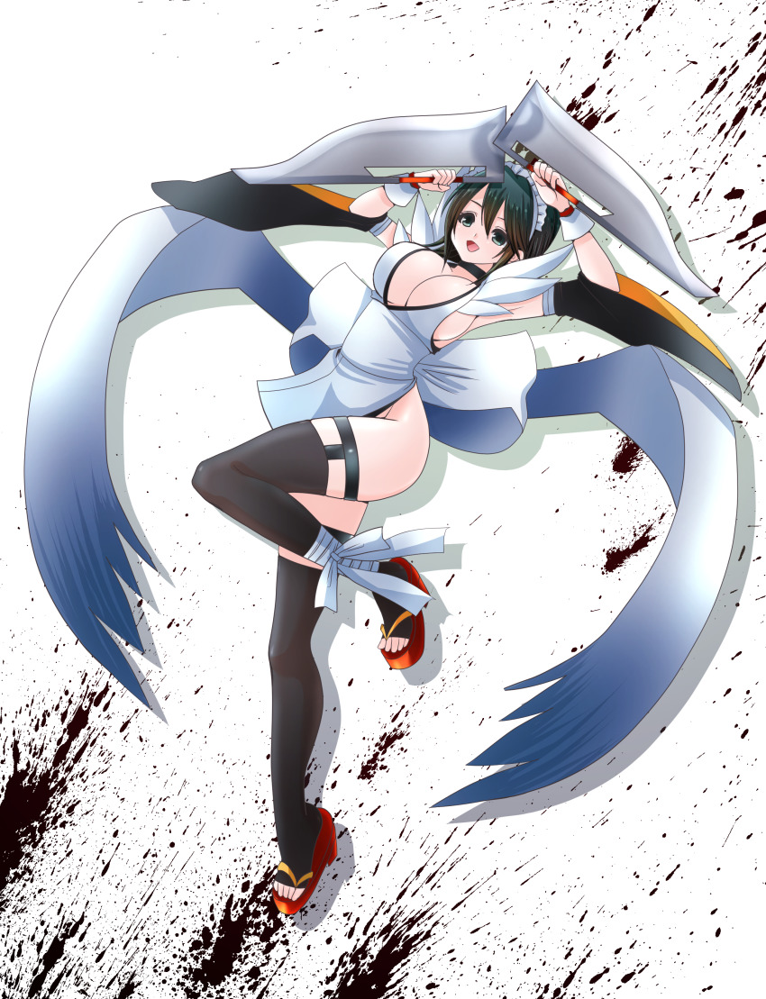 1girl, absurdres, apron, black_hair, black_leotard, breasts, butterfly_swords, choker, cleavage, curvy, full_body, highleg, highleg_leotard, highres, holding, holding_weapon, iroha_(samurai_spirits), jumping, large_breasts, leotard, leotard_under_clothes, lie_skeb, maid, maid_headdress, samurai_spirits, shiny_skin, short_hair, smile, solo, thighhighs, thighs, thong_leotard, weapon, white_background, wide_hips