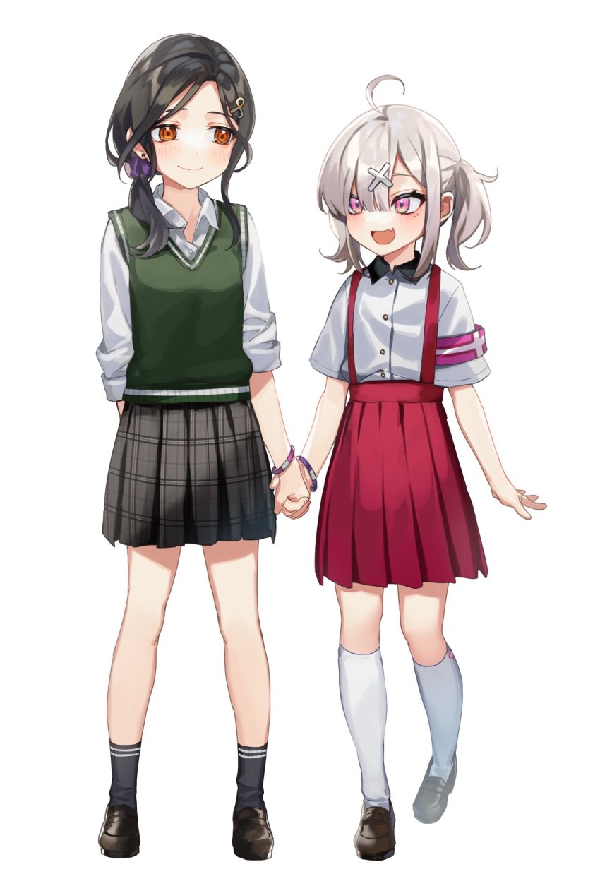 2girls, aged_down, ahoge, black_footwear, black_skirt, black_socks, brown_footwear, brown_hair