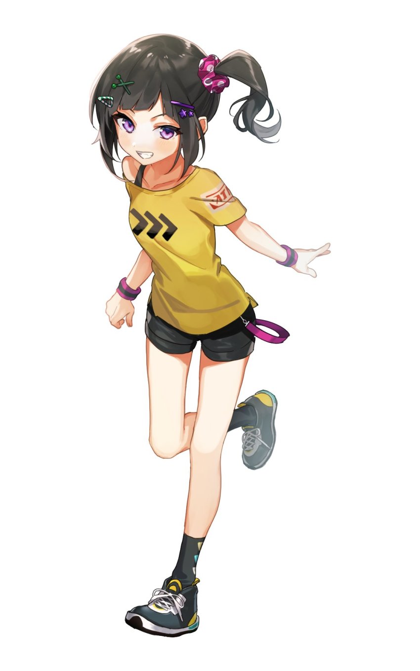 1girl, aged_down, black_hair, black_shoes, black_shorts, black_socks, blush, breasts