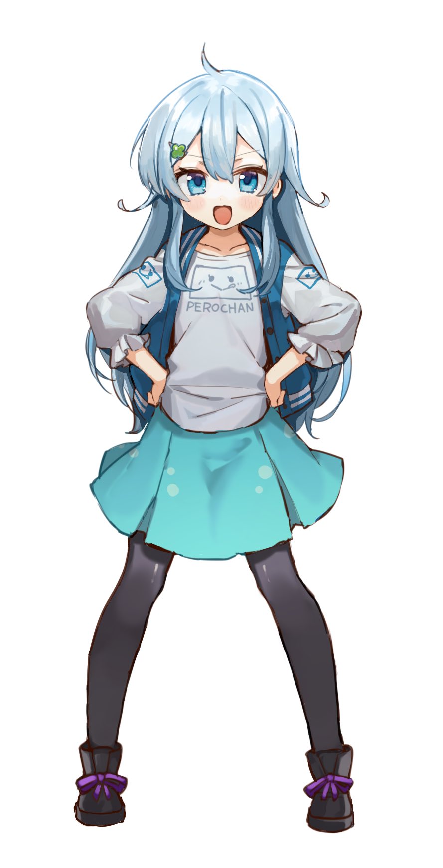 1girl, aged_down, ahoge, aqua_skirt, black_boots, black_pantyhose, blue_eyes, blue_hair