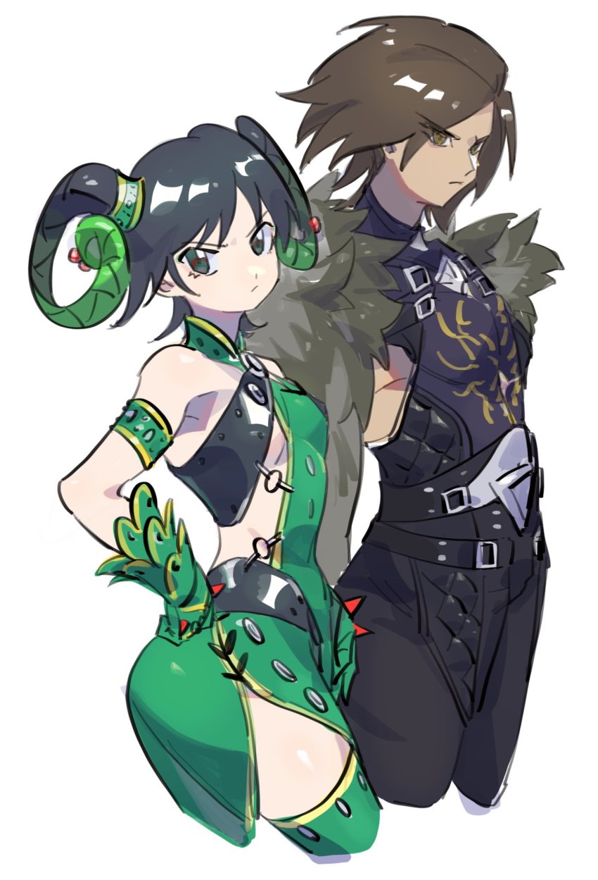 1boy, 1girl, animification, bare_shoulders, belt, black_hair, braid, brown_eyes