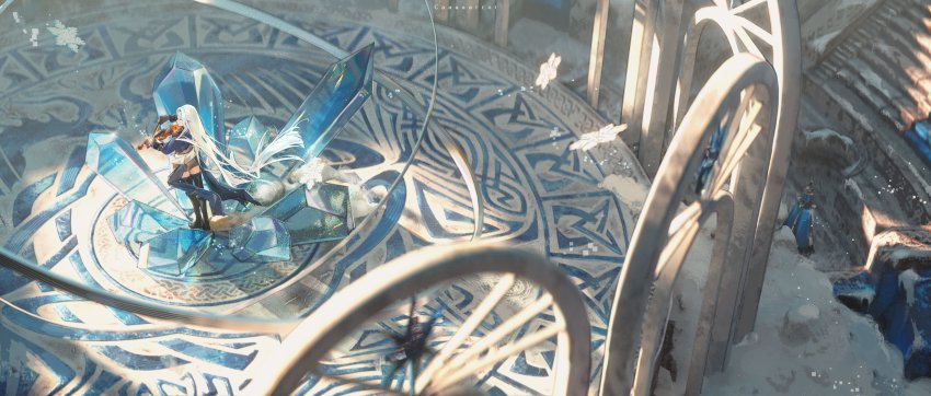 1girl, absurdres, arch, artist_name, black_boots, blue_coat, blurry, boots