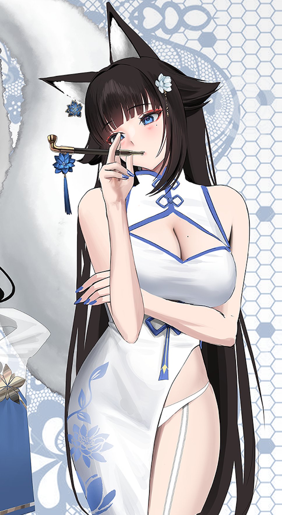 1girl, animal_ears, bad_id, bad_twitter_id, bare_shoulders, black_hair, blue_eyes, blue_nails, breasts, china_dress, chinese_clothes, cleavage, cleavage_cutout, clothing_cutout, dress, fox_ears, fox_girl, fox_tail, garter_straps, highres, indie_virtual_youtuber, ismiyu, large_breasts, mole, mole_under_eye, nail_polish, original, panties, sakae_izumi, side_cutout, side_slit, smoking_pipe, solo, standing, tail, thighs, underwear, virtual_youtuber, white_panties