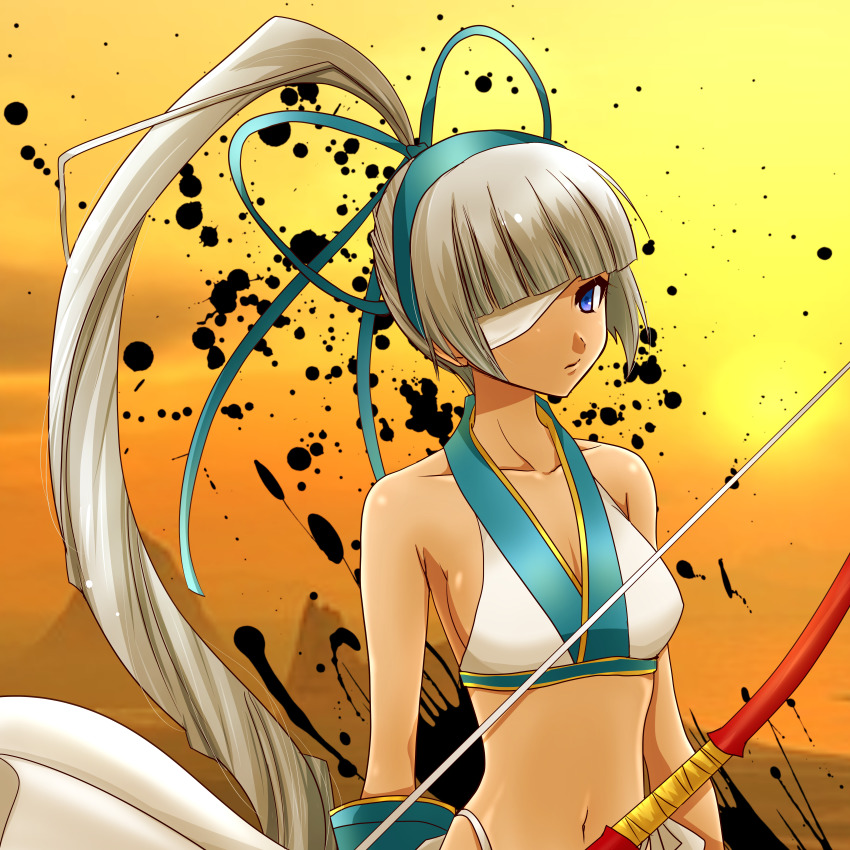 1girl, absurdres, armpits, bandage_over_one_eye, blue_eyes, bow_(weapon), breasts, cleavage, dark-skinned_female, dark_skin, gloves, high_ponytail, highres, lie_skeb, long_hair, majikina_mina, medium_breasts, partially_fingerless_gloves, partly_fingerless_gloves, ponytail, revealing_clothes, ribbon, samurai_spirits, sideboob, solo, very_long_hair, weapon, white_hair, yugake