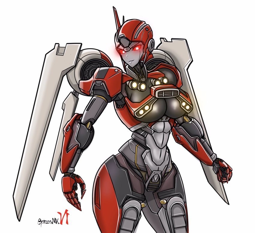 1girl, alien, bad_id, bad_pixiv_id, breasts, curvy, glowing, glowing_eyes, gonzo_mk06, highres, humanoid_robot, large_breasts, mecha_musume, red_eyes, robot, shatter_(transformers), simple_background, solo, thick_thighs, thighs, transformers, underboob, white_background, wings